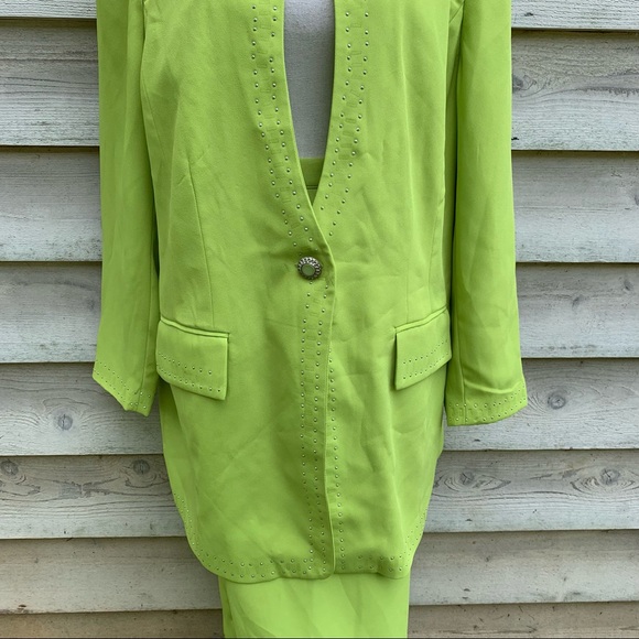 Vintage 80s Neon Lime Green Embellished Bejeweled 2 Piece Coordinated Skirt Set - Picture 8 of 16